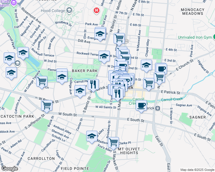 map of restaurants, bars, coffee shops, grocery stores, and more near 129 West Patrick Street in Frederick