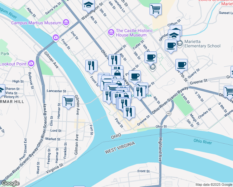 map of restaurants, bars, coffee shops, grocery stores, and more near 282 1/2 Front Street in Marietta