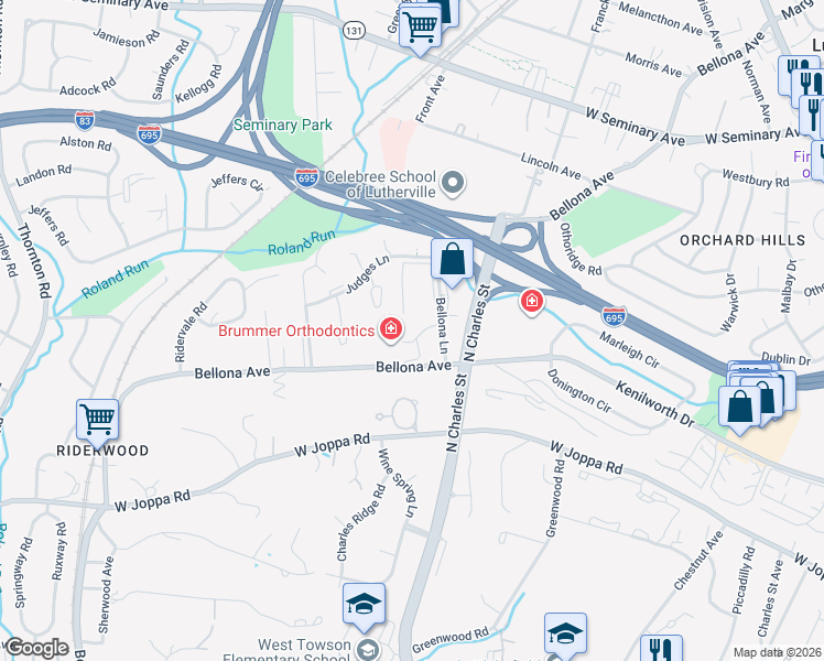 map of restaurants, bars, coffee shops, grocery stores, and more near 8322 Bellona Avenue in Towson