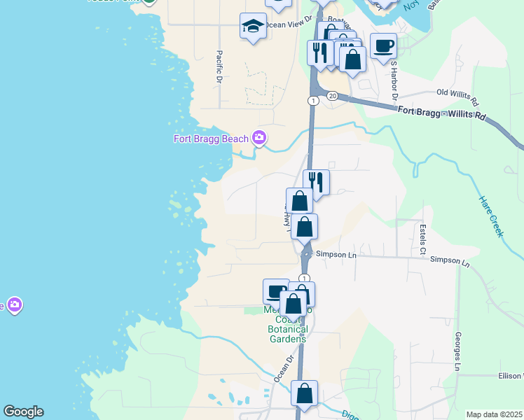 map of restaurants, bars, coffee shops, grocery stores, and more near 18601 Cypress Road in Fort Bragg