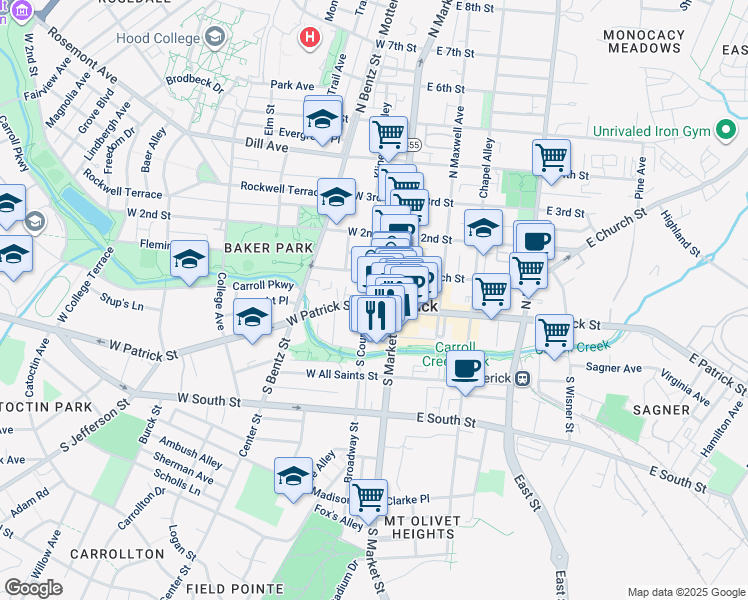 map of restaurants, bars, coffee shops, grocery stores, and more near 31 West Patrick Street in Frederick
