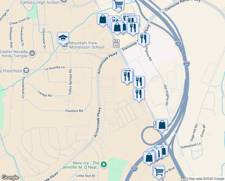 map of restaurants, bars, coffee shops, grocery stores, and more near 119-125 Hayes Circle in Reno