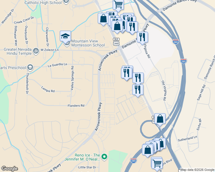 map of restaurants, bars, coffee shops, grocery stores, and more near 500 Arrowcreek Parkway in Reno