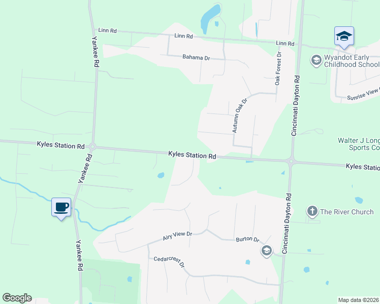 map of restaurants, bars, coffee shops, grocery stores, and more near 7291 Kyles Station Road in Butler County