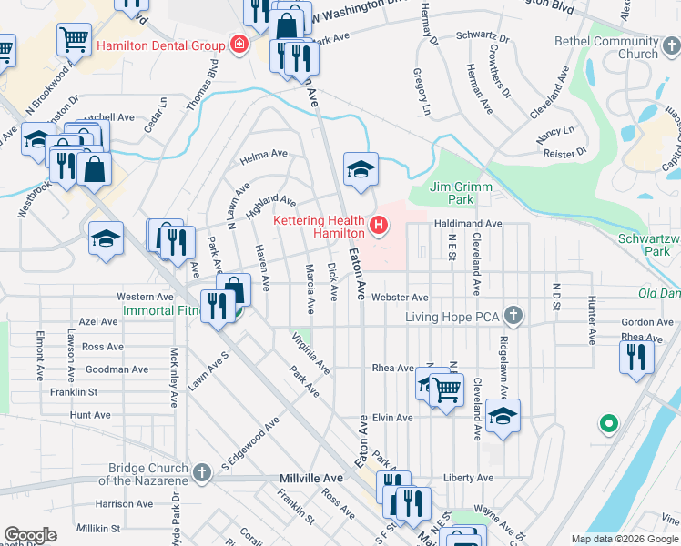 map of restaurants, bars, coffee shops, grocery stores, and more near 450 Dick Avenue in Hamilton