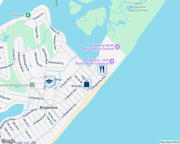map of restaurants, bars, coffee shops, grocery stores, and more near 114 12th Street North in Brigantine