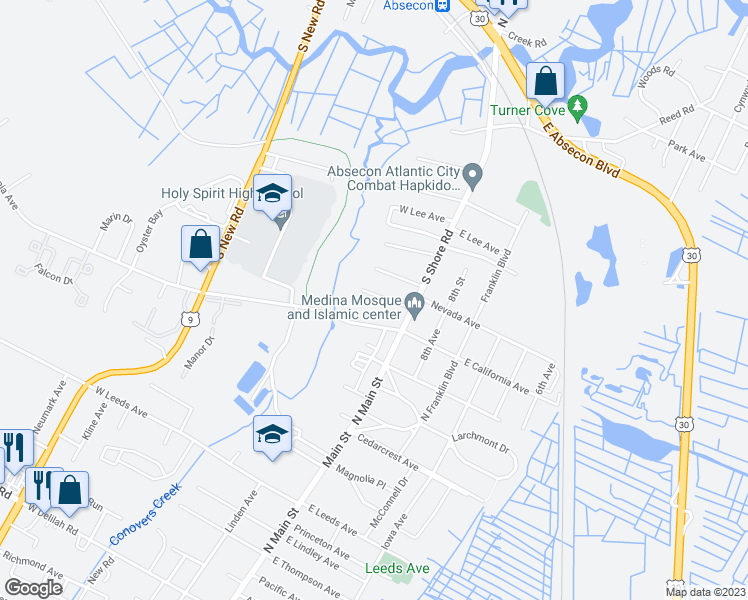map of restaurants, bars, coffee shops, grocery stores, and more near 35 West Oregon Avenue in Absecon