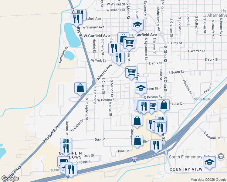 map of restaurants, bars, coffee shops, grocery stores, and more near 1480 South Mulberry Street in Martinsville