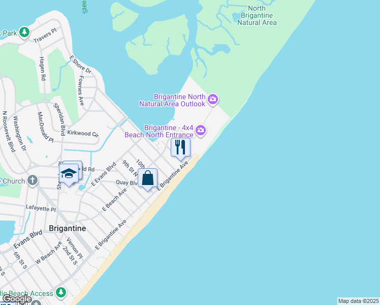 map of restaurants, bars, coffee shops, grocery stores, and more near 1301 East Brigantine Avenue in Brigantine