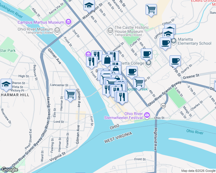 map of restaurants, bars, coffee shops, grocery stores, and more near 275 Front Street in Marietta