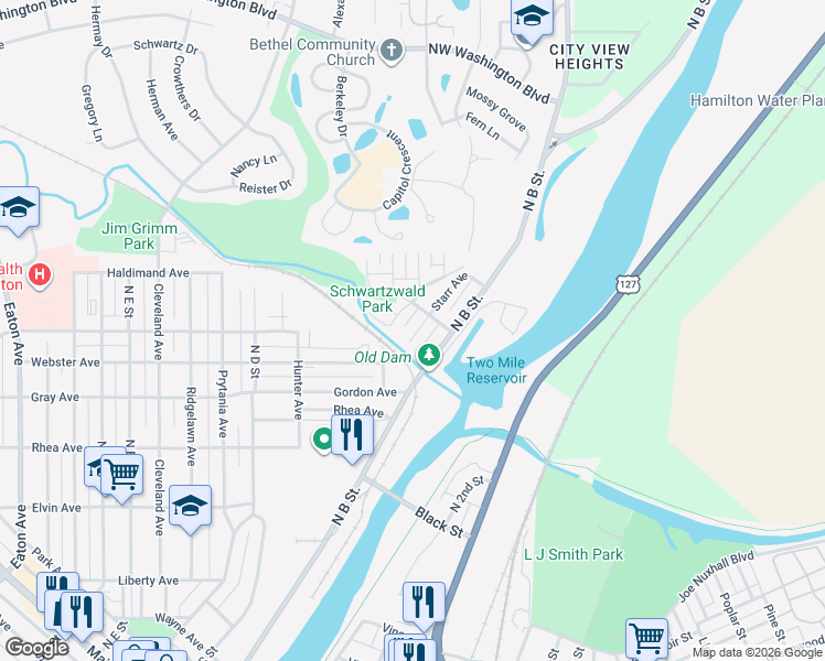 map of restaurants, bars, coffee shops, grocery stores, and more near 100 Starr Avenue in Hamilton