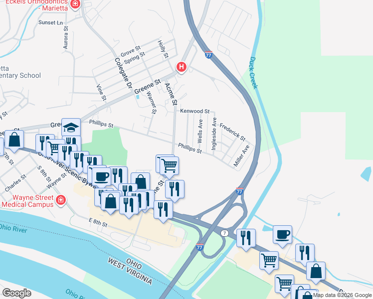 map of restaurants, bars, coffee shops, grocery stores, and more near 714 Phillips Street in Marietta