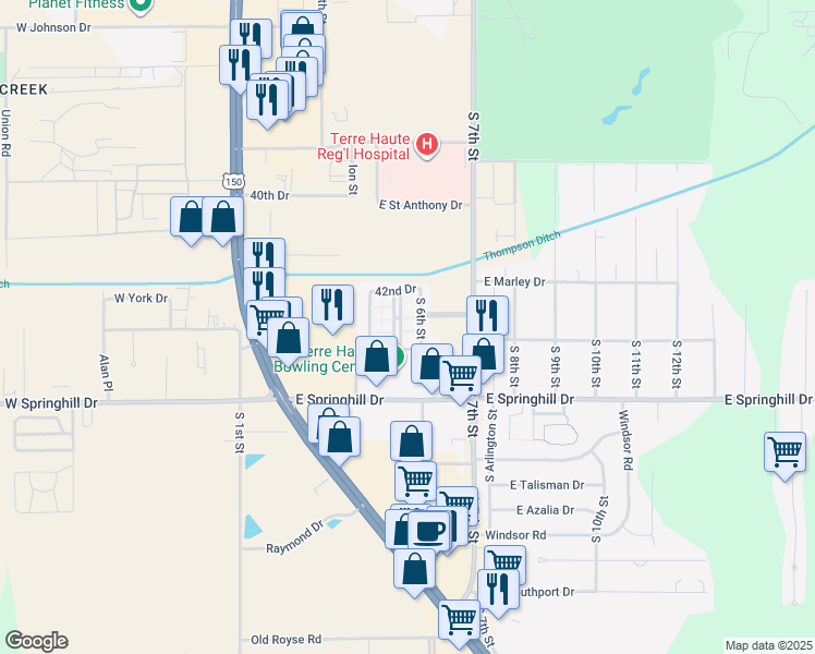 map of restaurants, bars, coffee shops, grocery stores, and more near 600-658 East 43rd 1/2 Drive in Terre Haute
