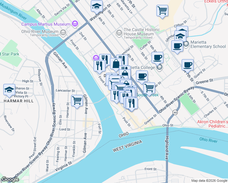 map of restaurants, bars, coffee shops, grocery stores, and more near 275 Front Street in Marietta