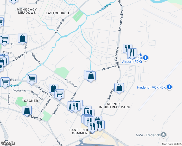 map of restaurants, bars, coffee shops, grocery stores, and more near 823 Monroe Avenue in Frederick