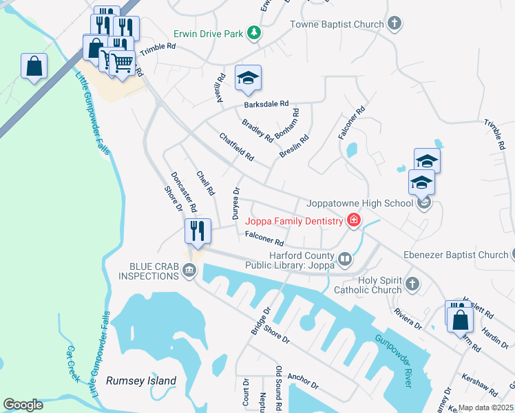 map of restaurants, bars, coffee shops, grocery stores, and more near 819 Foxwell Rd in Joppa