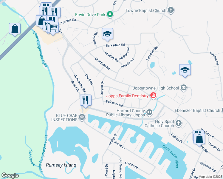 map of restaurants, bars, coffee shops, grocery stores, and more near 819 Foxwell Rd in Joppa