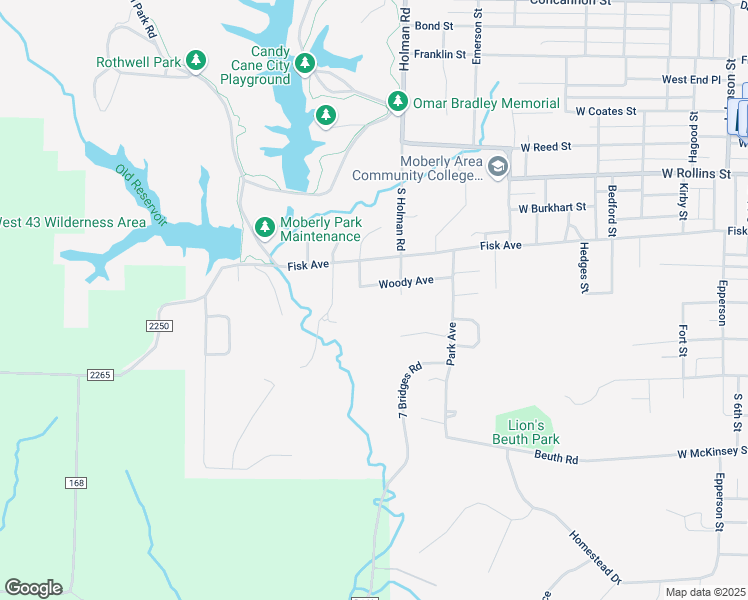 map of restaurants, bars, coffee shops, grocery stores, and more near 1334 Woody Avenue in Moberly