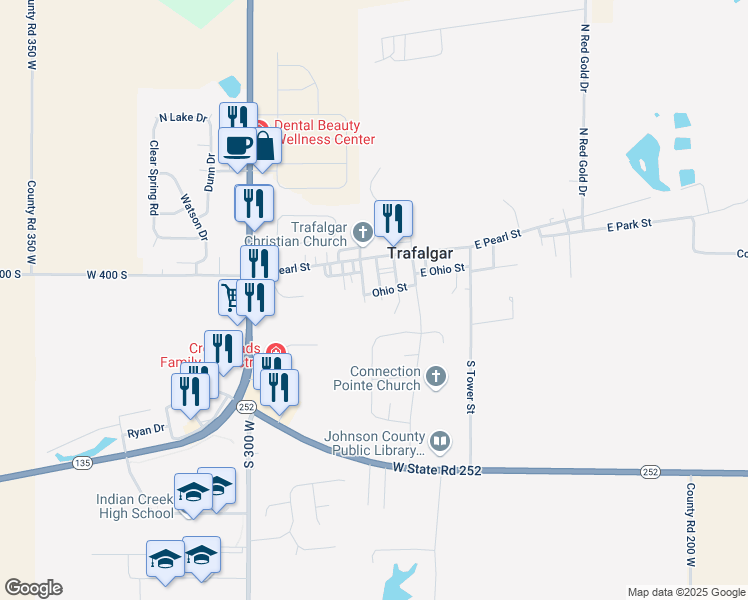 map of restaurants, bars, coffee shops, grocery stores, and more near 204 Kentucky Street in Trafalgar