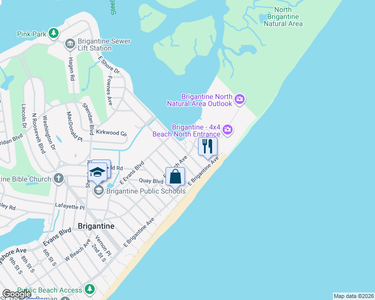 map of restaurants, bars, coffee shops, grocery stores, and more near 203a 12th Street North in Brigantine