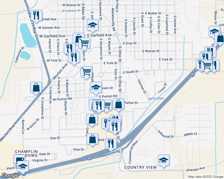 map of restaurants, bars, coffee shops, grocery stores, and more near 360 East Poston Road in Martinsville