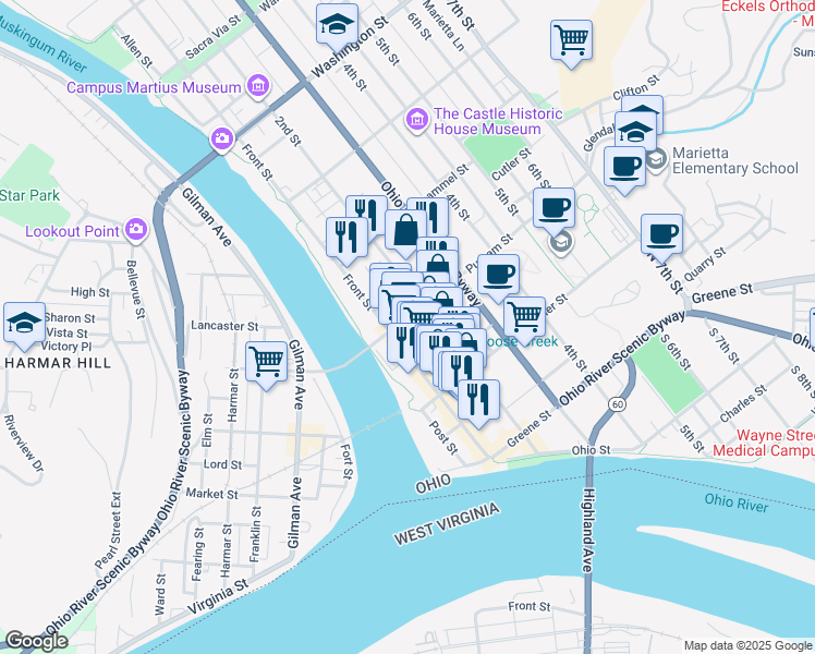 map of restaurants, bars, coffee shops, grocery stores, and more near 275 Front Street in Marietta
