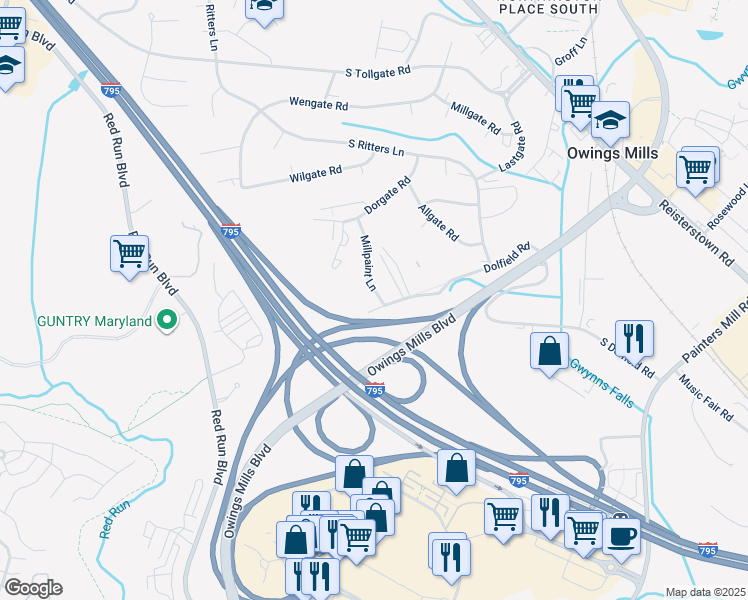 map of restaurants, bars, coffee shops, grocery stores, and more near 1 Millpaint Lane in Owings Mills