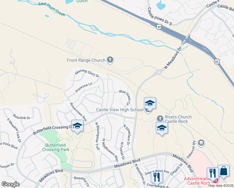 map of restaurants, bars, coffee shops, grocery stores, and more near 3343 Blue Grass Circle in Castle Rock