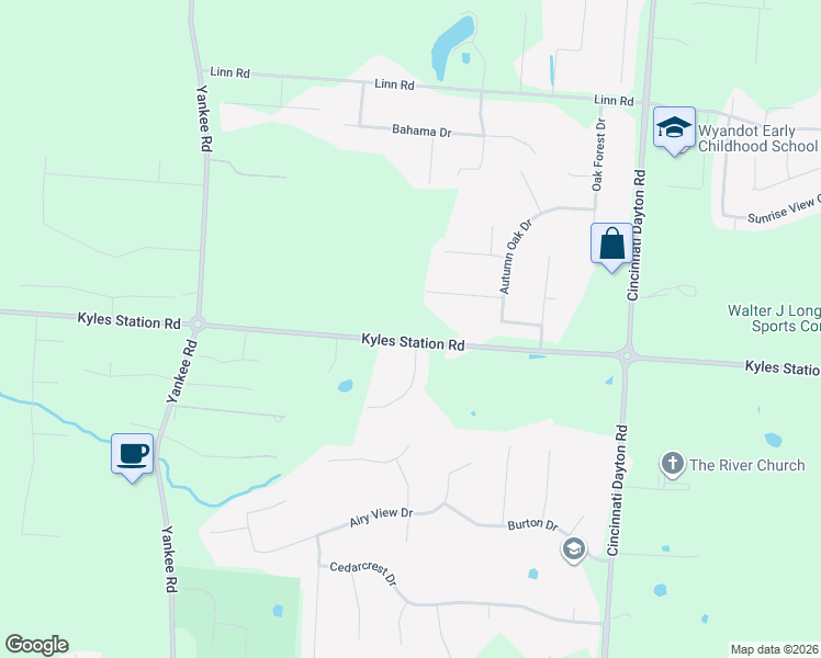 map of restaurants, bars, coffee shops, grocery stores, and more near 7291 Kyles Station Road in Butler County