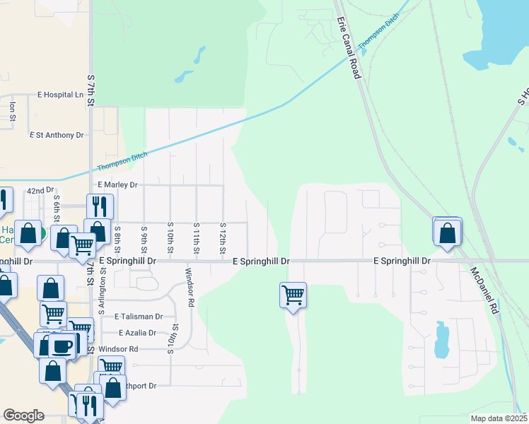 map of restaurants, bars, coffee shops, grocery stores, and more near 4200-4498 South Hilton Street in Terre Haute