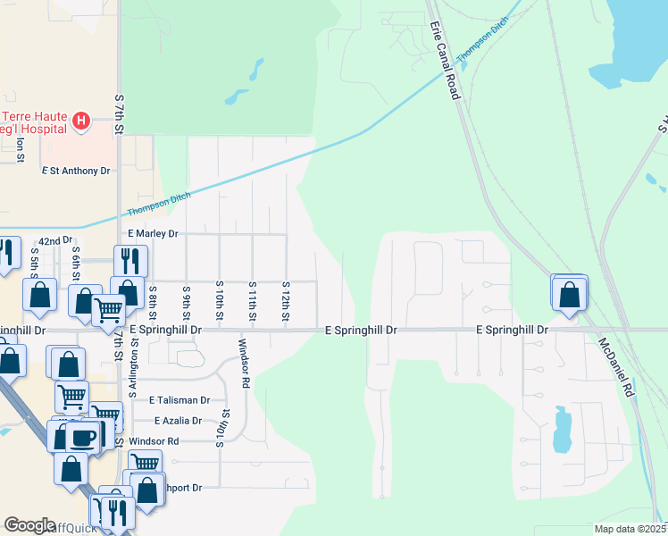 map of restaurants, bars, coffee shops, grocery stores, and more near 4200-4498 South Hilton Street in Terre Haute