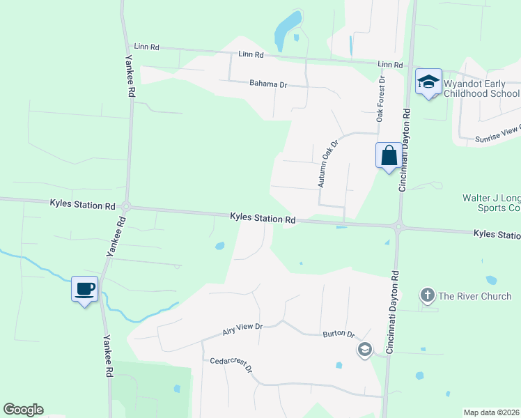 map of restaurants, bars, coffee shops, grocery stores, and more near 7291 Kyles Station Road in Butler County
