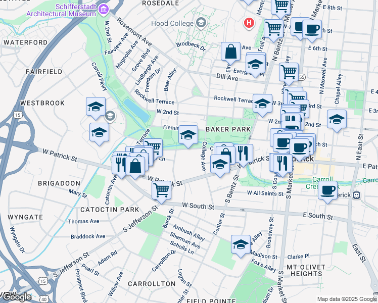 map of restaurants, bars, coffee shops, grocery stores, and more near 300 Carroll Parkway in Frederick
