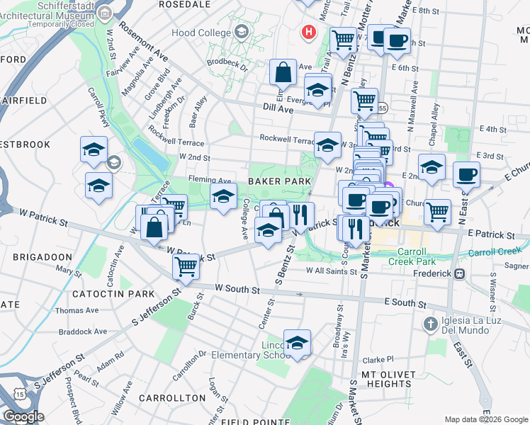 map of restaurants, bars, coffee shops, grocery stores, and more near 250 Carroll Parkway in Frederick