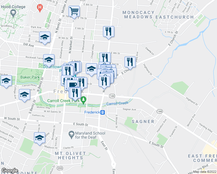 map of restaurants, bars, coffee shops, grocery stores, and more near 16 North East Street in Frederick