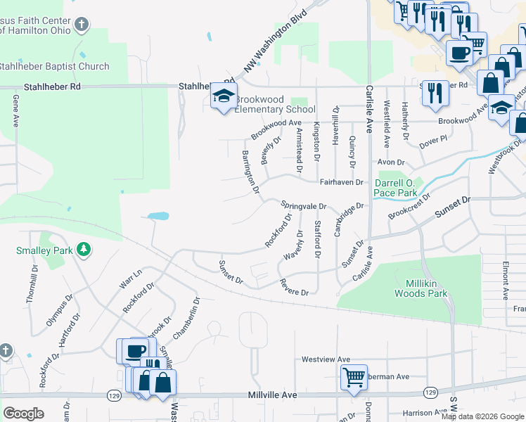 map of restaurants, bars, coffee shops, grocery stores, and more near 734 Springvale Drive in Hamilton