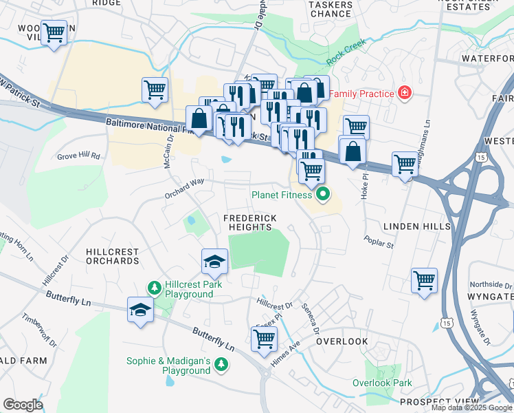 map of restaurants, bars, coffee shops, grocery stores, and more near 1149 Providence Court in Frederick
