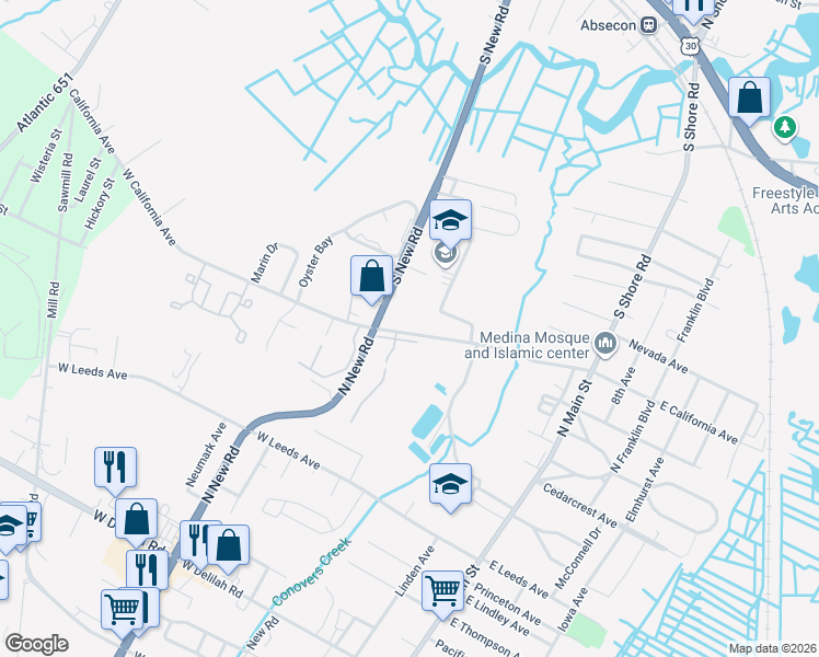 map of restaurants, bars, coffee shops, grocery stores, and more near 720 South New Road in Absecon