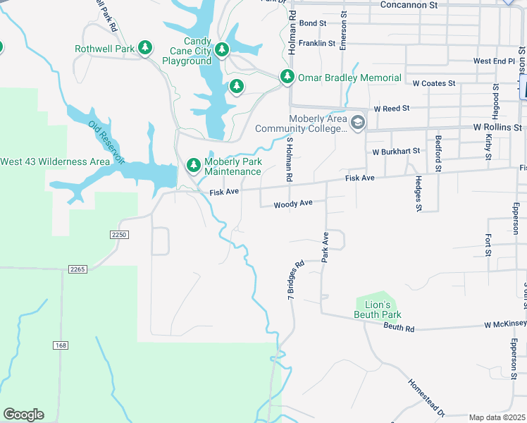 map of restaurants, bars, coffee shops, grocery stores, and more near 1334 Woody Avenue in Moberly