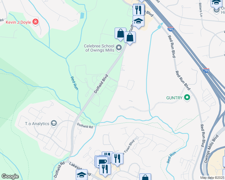 map of restaurants, bars, coffee shops, grocery stores, and more near 9505 Tessa Lane in Owings Mills