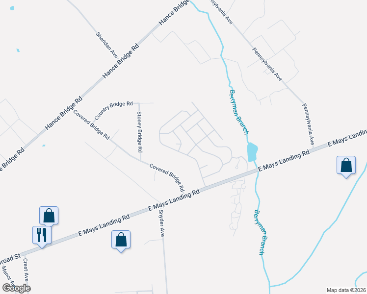 map of restaurants, bars, coffee shops, grocery stores, and more near 2110 Mays Landing Road in Millville