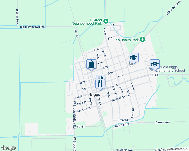 map of restaurants, bars, coffee shops, grocery stores, and more near 494 E Street in Biggs