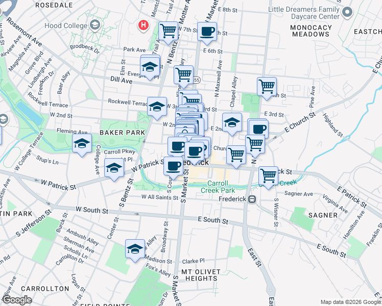 map of restaurants, bars, coffee shops, grocery stores, and more near 30 North Market Street in Frederick
