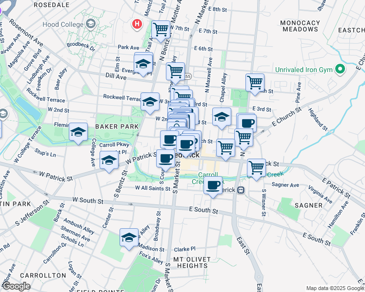 map of restaurants, bars, coffee shops, grocery stores, and more near 30 North Market Street in Frederick