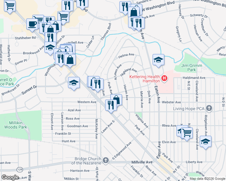 map of restaurants, bars, coffee shops, grocery stores, and more near 1220 Park Avenue in Hamilton
