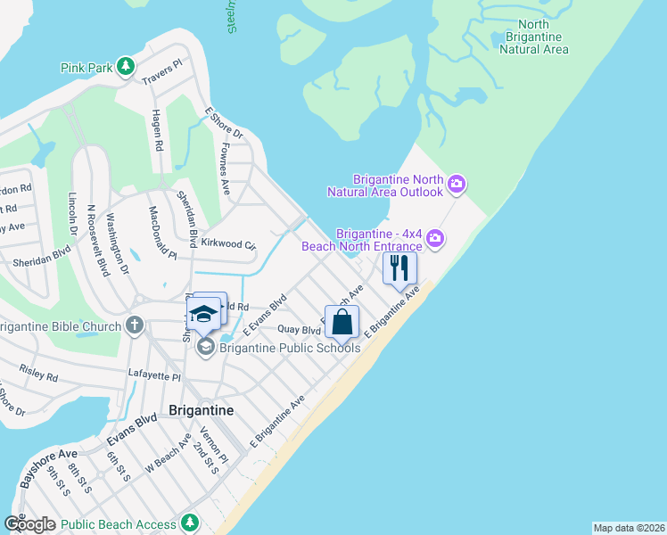 map of restaurants, bars, coffee shops, grocery stores, and more near 101 11th Street North in Brigantine