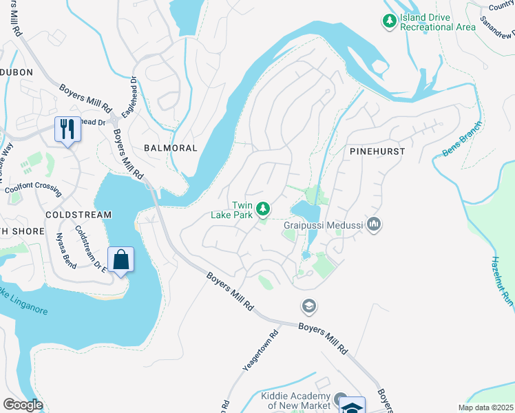map of restaurants, bars, coffee shops, grocery stores, and more near 6532 Twin Lake Drive in New Market