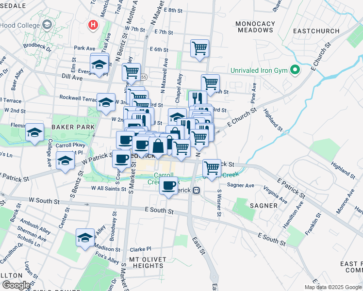 map of restaurants, bars, coffee shops, grocery stores, and more near 216 East Church Street in Frederick