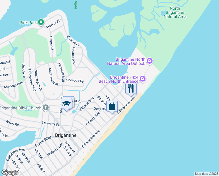 map of restaurants, bars, coffee shops, grocery stores, and more near 101 11th Street North in Brigantine