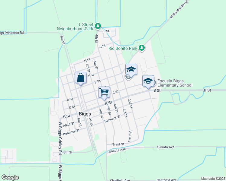map of restaurants, bars, coffee shops, grocery stores, and more near 420 C Street in Biggs
